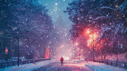 Poster - Lonely man walking through snowy street at night with glowing red lights. Winter, Christmas, holiday, city scape, snowfall background