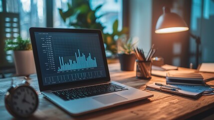 Fototapete - Modern home office workspace with a laptop displaying charts