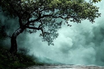 Wall Mural - Mysterious Foggy Forest with Tree Silhouette