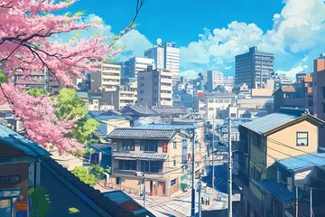 Wall Mural - Anime style cityscape with cherry blossoms, blue sky, and white clouds. Illustration of a beautiful urban scene.