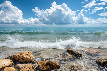 Ocean waves crashing on the shore with blue sky and white clouds. Seascape with rocks and foamy water