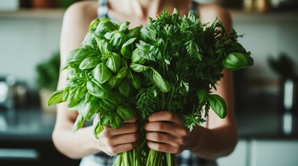 Woman holding fresh herbs in her kitchen, promoting healthy eating and home cooking with natural ingredients