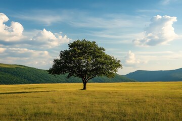 Wall Mural - Lone tree in a field with blue sky and white clouds, nature, peace, serenity, and freedom concept