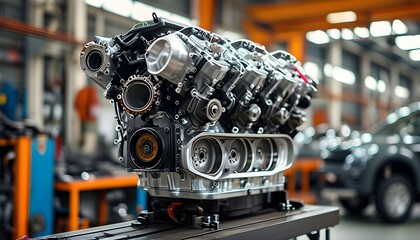 Wall Mural - Detailed view of a car engine on a workbench with a blurred car on a lift in an industrial workshop environment