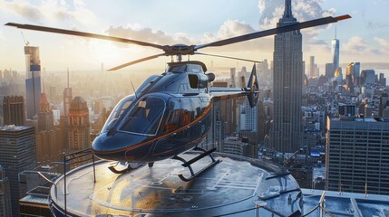 A helicopter landing on the helipad of a skyscraper. Building with a helipad