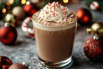 A rich peppermint mocha with whipped cream and candy cane sprinkles, placed on a holiday-themed table surrounded by festive ornaments