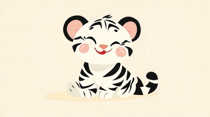 Cute baby tiger sitting with a cheerful smile on beige background