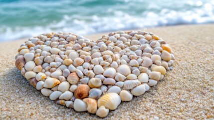 Poster - A heart shaped rock made of seashells on a beach, AI