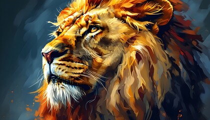 Canvas Print - Majestic lions face radiating strength and pride in a vibrant, photorealistic illustration