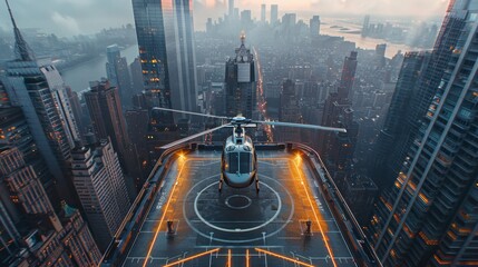 A helicopter landing on the helipad of a skyscraper. Building with a helipad