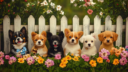 Canvas Print - A pack of pooches lounging beside one another in front of a flower-filled fence, with the backdrop of a picket line
