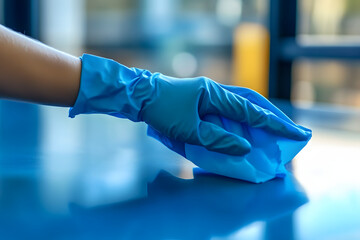 Closeup hand in blue rubber protective glove wiping and cleaning