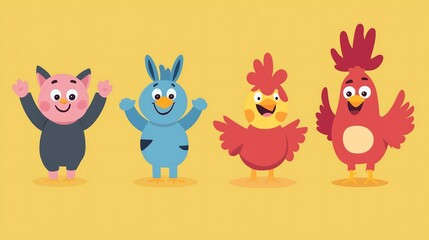 Wall Mural - Group of cute cartoon animals standing together on yellow background