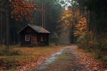 Poster - Cabin in the woods with an autumn forest path and fog