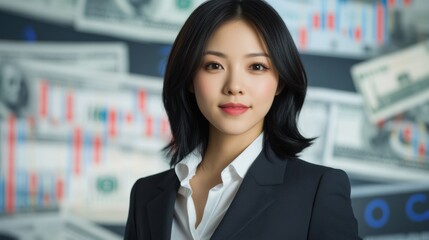 Wall Mural - A woman in business suit with money background, AI