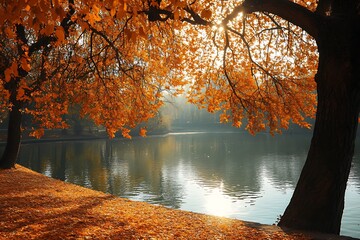 Sticker - Autumn Landscape with Sun Shining Through Tree Branches Over Lake