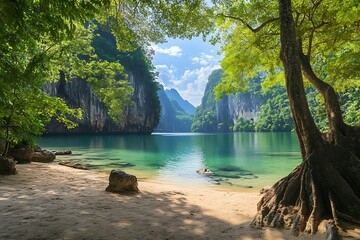 Wall Mural - Secluded Tropical Lagoon with Lush Greenery and Calm Blue Water