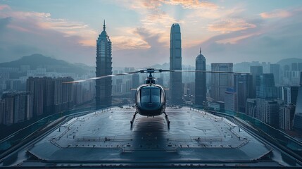 A helicopter landing on the helipad of a skyscraper. Building with a helipad