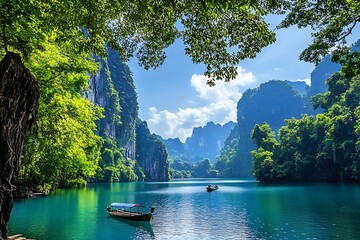 Serene landscape with turquoise lake, limestone cliffs, and traditional longtail boats. Scenic view of tropical paradise.