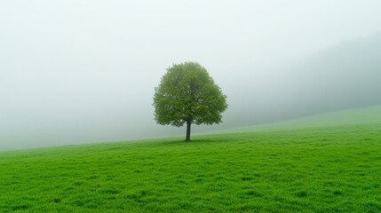 Canvas Print - A lone tree in a green field on foggy day, AI