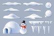 © alexandertrou - Collection of snowdrifts and icicles of different shapes in realistic style. Winter elements - snowman and icehouse igloo. Vector illustration.