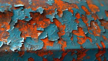 Wall Mural - Captivating closeup of rust and peeling paint on metal showcasing vibrant textures and intricate details of industrial decay