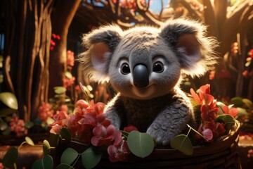 Poster - A cartoon koala with leaves and hearts around you Generative, generative IA