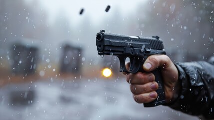 Wall Mural - A handgun with a flying bullet. A hand holding a gun on a blurry background