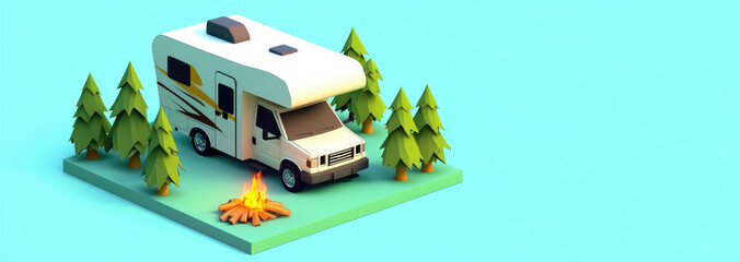 isometric 3d icon of rv van canopy open and camp fire, trees on flat color background with copy spac