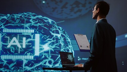 Poster - Startup employee looking over business charts, using AI software to take data driven decisions in tech industry. IT expert developing innovative artificial intelligence solutions for company, camera B