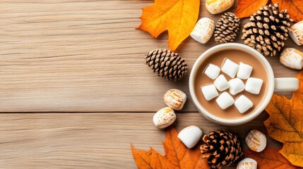 Sticker - A cup of hot chocolate with marshmallows and autumn leaves, AI