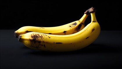 Ripe bananas with slight bruising against a stark black backdrop