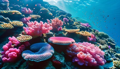 Wall Mural - Colorful coral reef teeming with diverse coral species in shades of pink, blue, and purple underwater wonderland