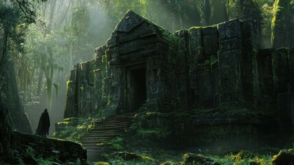 Poster - A lone figure stands before an ancient stone temple overgrown with moss and vines in a dense, misty forest.