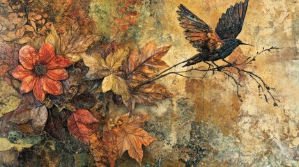 Canvas Print - A Bird Taking Flight Amidst Autumnal Leaves