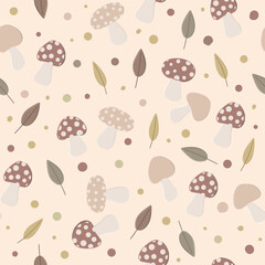 Wall Mural - Autumn seamless pattern with mushrooms and leaves