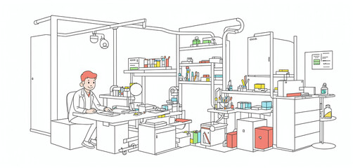 Wall Mural - Illustrative abstract depiction in fine line drawing of a scientist performing scientific experiments in a laboratory