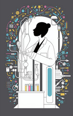 Wall Mural - Illustrative abstract depiction in fine line drawing of a scientist performing scientific experiments in a laboratory