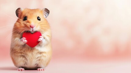 Poster - A hamster holding a red heart in its mouth on pink background, AI