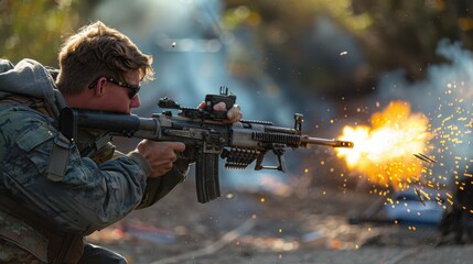 Wall Mural - A soldier lying down shoots a machine gun. A military man makes shots from a machine gun