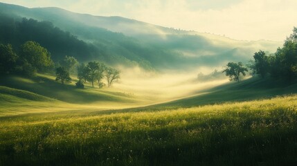 Sticker - Misty Morning Landscape with Rolling Hills and Sunlight