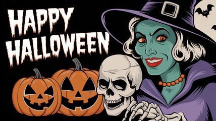 An old school vintage Halloween poster with a scary illustration of a witch and a skeleton. The background contains a trio of pumpkins with carved faces. The text 