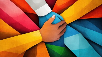 Wall Mural - A colorful abstract painting of a person holding hands with another, AI