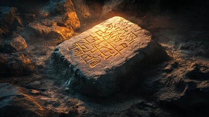 Ancient Stone Tablet with Carved Symbols Glowing in the Dark