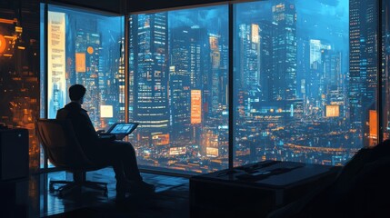 Canvas Print - A Solitary Figure Contemplating a Nighttime Cityscape