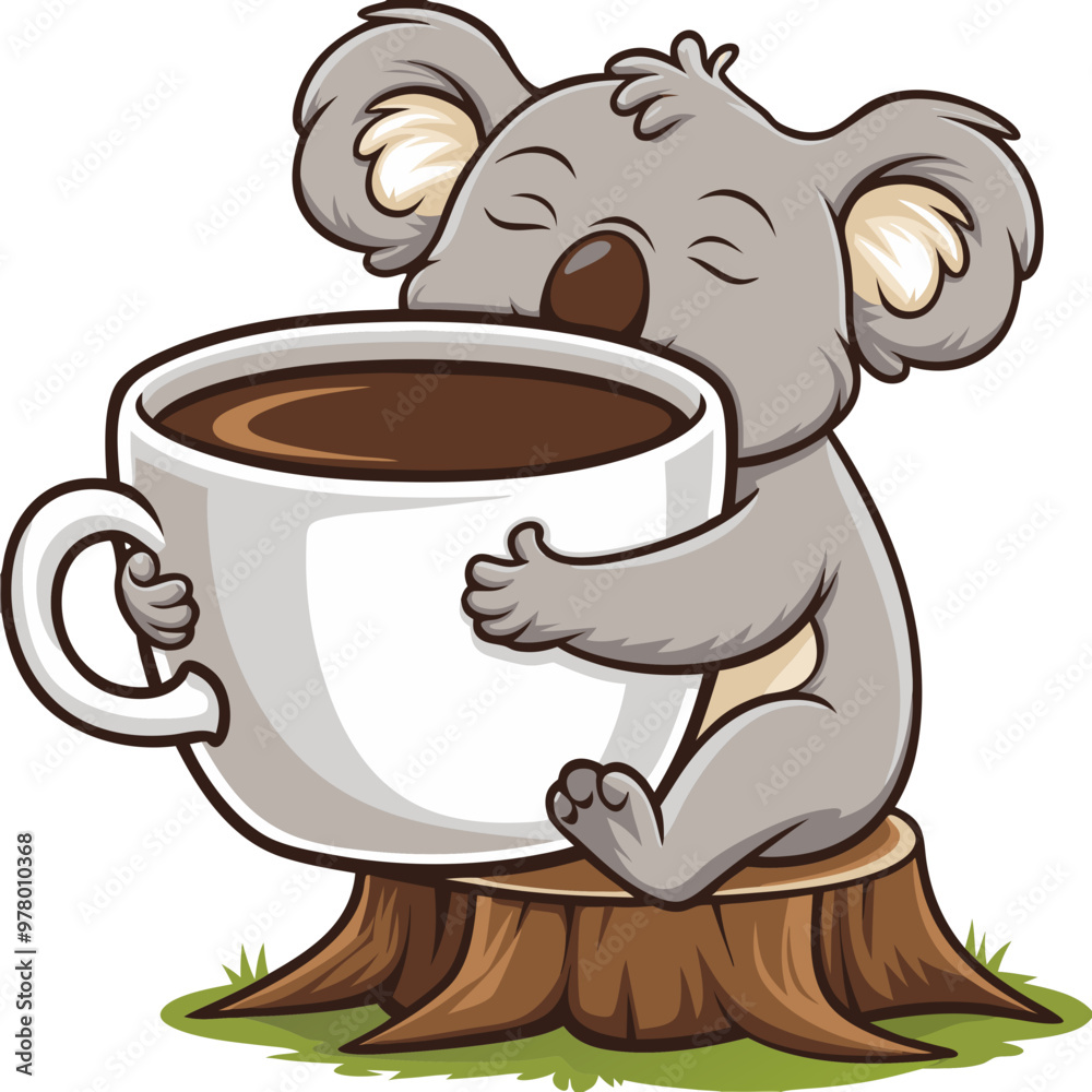 Cute Koala Hugging Coffee Cup on Tree Stump Vector Illustration for ...