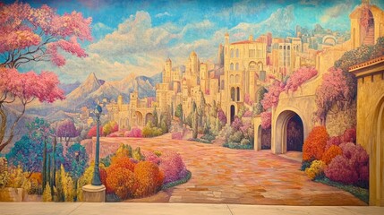 Wall Mural - A Watercolor Mural Depicting an Imaginary Cityscape with a Stone Path and Lush Greenery