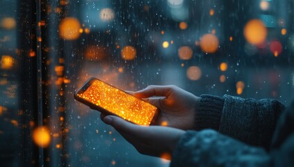 Smartphone in hand with glowing screen in the rain