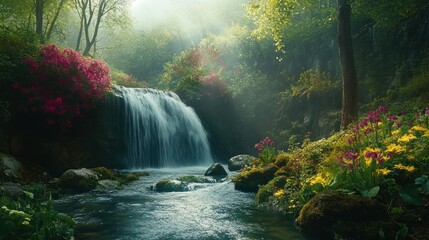 Wall Mural - A Cascading Waterfall in a Lush, Sunlit Forest