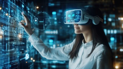 Sticker - Woman in VR headset interacting with virtual interface